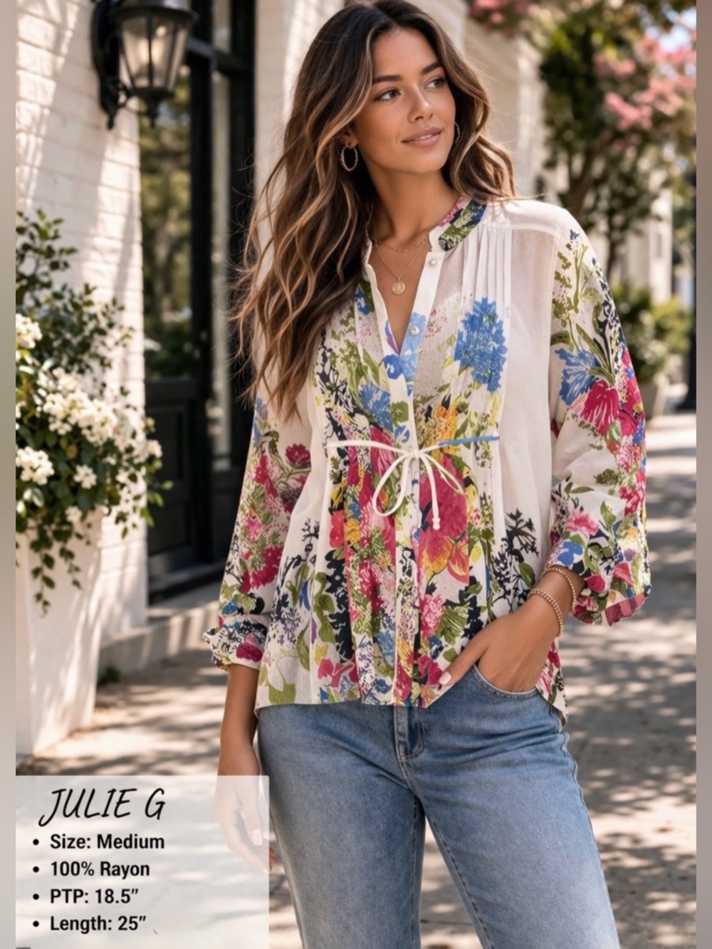 JULIE G Floral Boho Blouse | Size Medium | Tie-Front Top - Picture 5 of 5